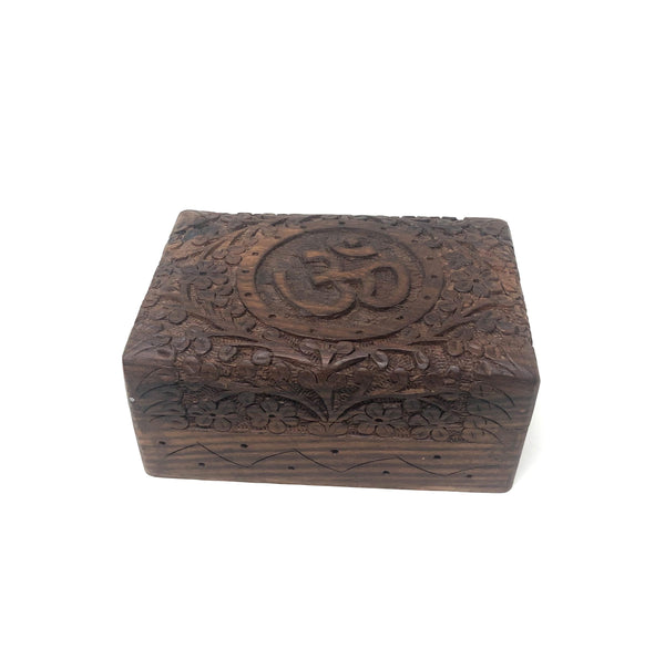 Brown WOODEN STORAGE / TAROT CARD BOX OM,  FOR TAROT CARDS, JEWELRY 4*6 inches