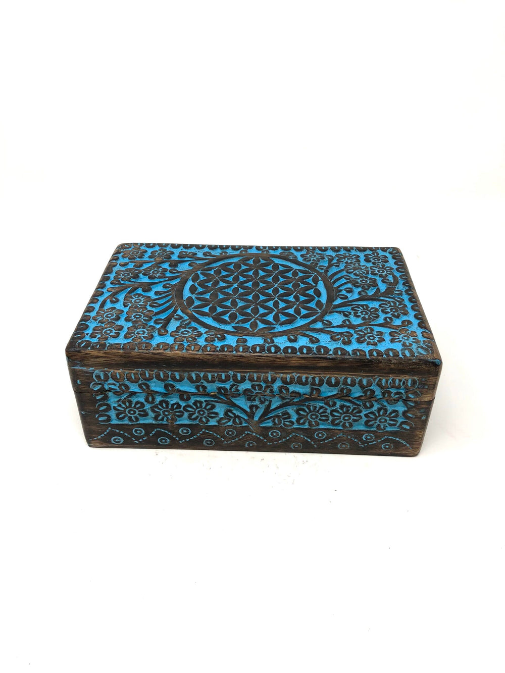 Blue Antique WOODEN STORAGE / TAROT CARD BOX FLOWER OF LIFE ANTIQUE BLUE APPROX 8″X5″ FOR TAROT CARDS, JEWELRY
