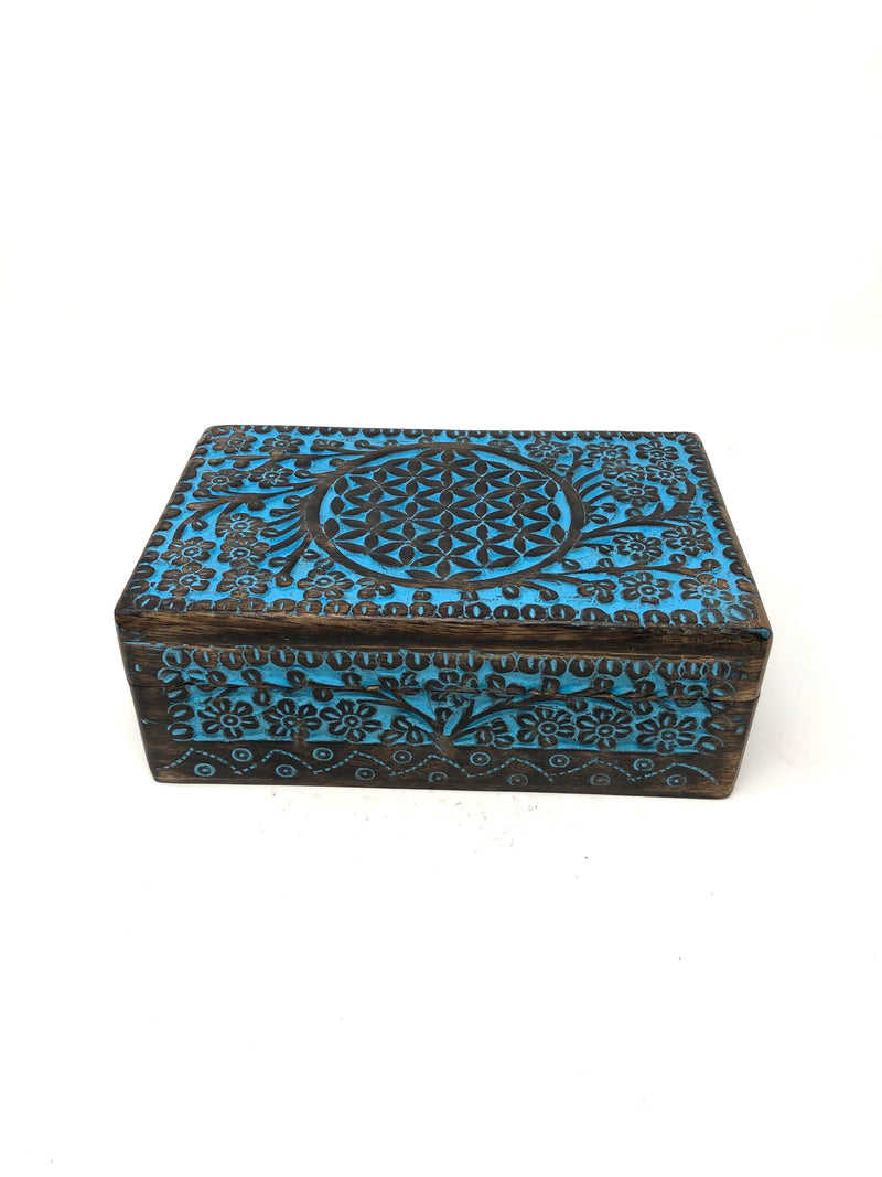 Blue Antique WOODEN STORAGE / TAROT CARD BOX FLOWER OF LIFE ANTIQUE BLUE APPROX 8″X5″ FOR TAROT CARDS, JEWELRY