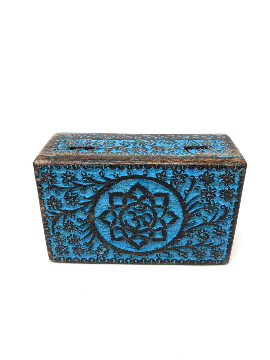 Blue Antique WOODEN  BOX LOTUS OM ANTIQUE BLUE FOR TAROT CARDS, JEWELRY