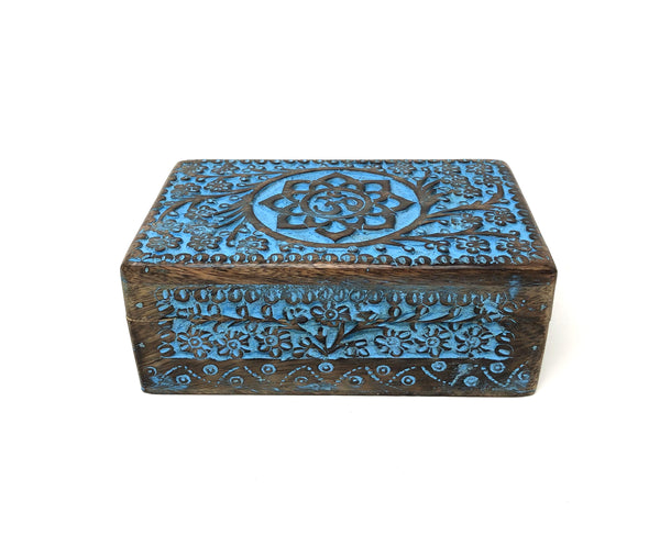 Blue Antique WOODEN  BOX LOTUS OM ANTIQUE BLUE FOR TAROT CARDS, JEWELRY