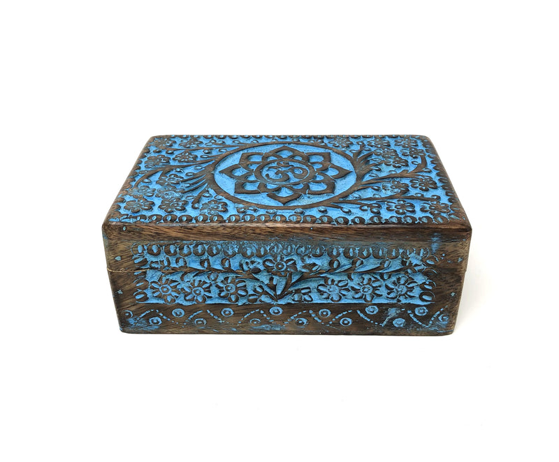 Blue Antique WOODEN  BOX LOTUS OM ANTIQUE BLUE FOR TAROT CARDS, JEWELRY