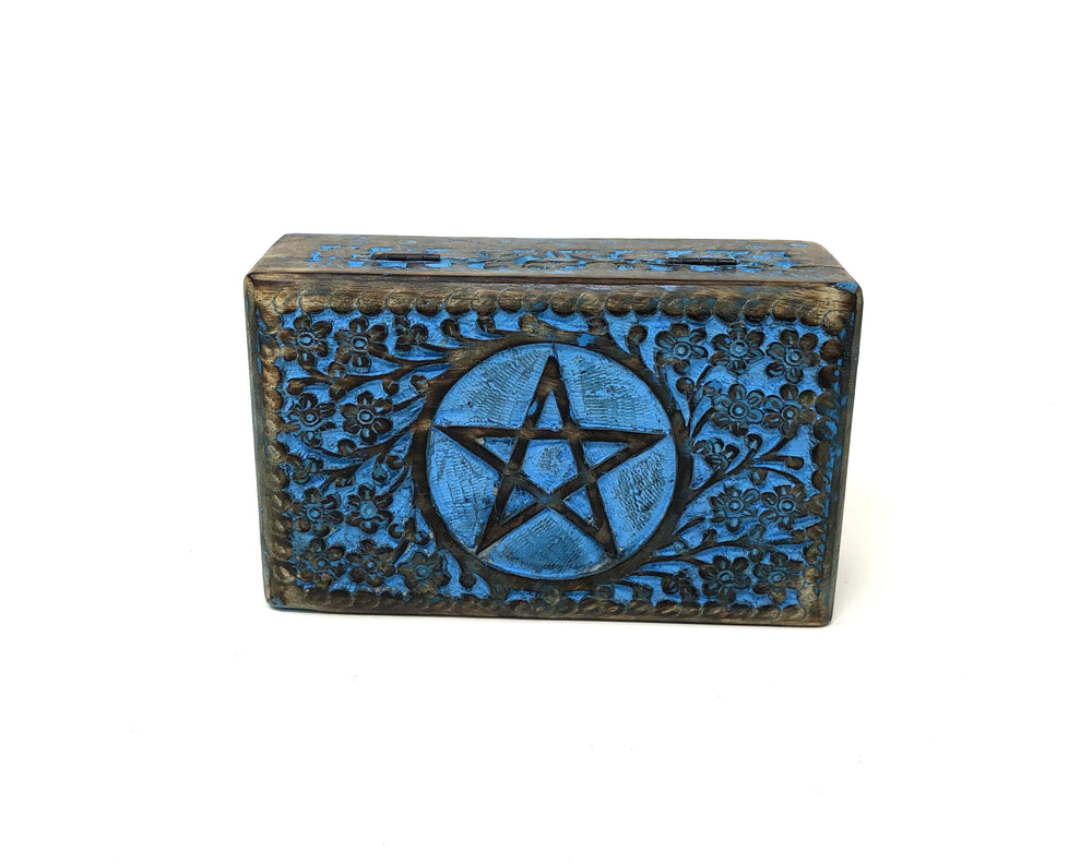 Blue Antique WOODEN STORAGE / TAROT CARD BOX PENTACLE ANTIQUE BLUE  FOR TAROT CARDS, JEWELRY