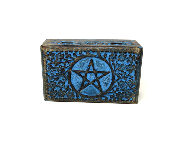 Blue Antique WOODEN STORAGE / TAROT CARD BOX PENTACLE ANTIQUE BLUE  FOR TAROT CARDS, JEWELRY