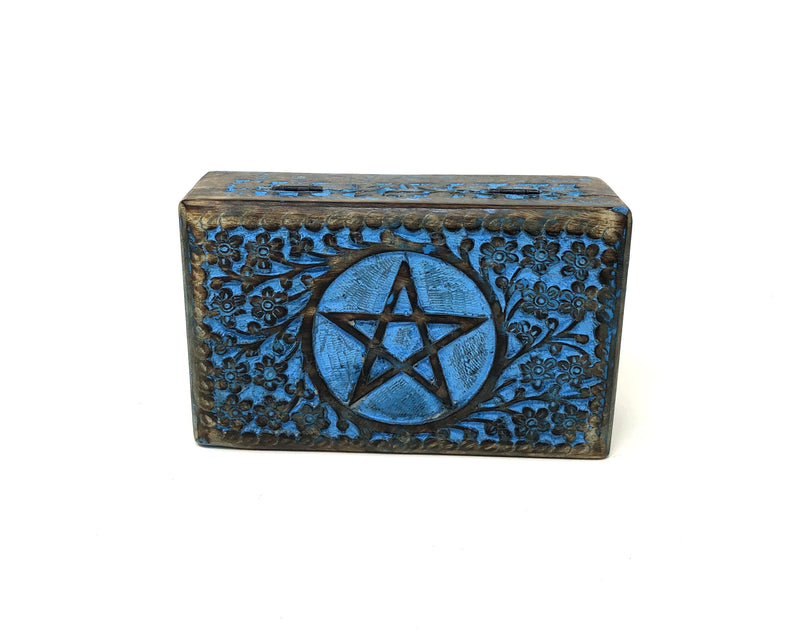 Blue Antique WOODEN STORAGE / TAROT CARD BOX PENTACLE ANTIQUE BLUE  FOR TAROT CARDS, JEWELRY