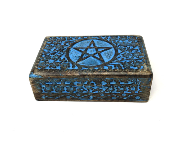 Blue Antique WOODEN STORAGE / TAROT CARD BOX PENTACLE ANTIQUE BLUE  FOR TAROT CARDS, JEWELRY