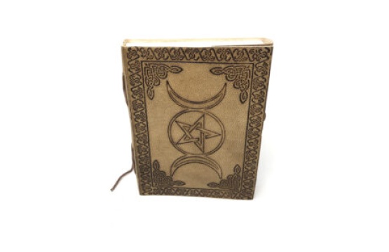 JOURNAL of Handmade paper With LEATHER COVER,, TRIPLE MOON and  PENTACLE