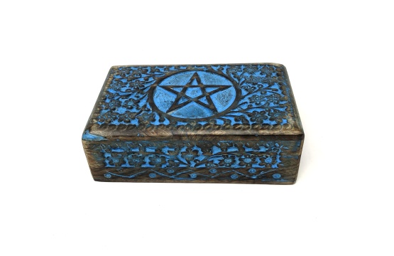 Blue Antique Wooden Storage / Tarot Card Box Pentacle Antique Blue for Tarot Cards, Jewelry